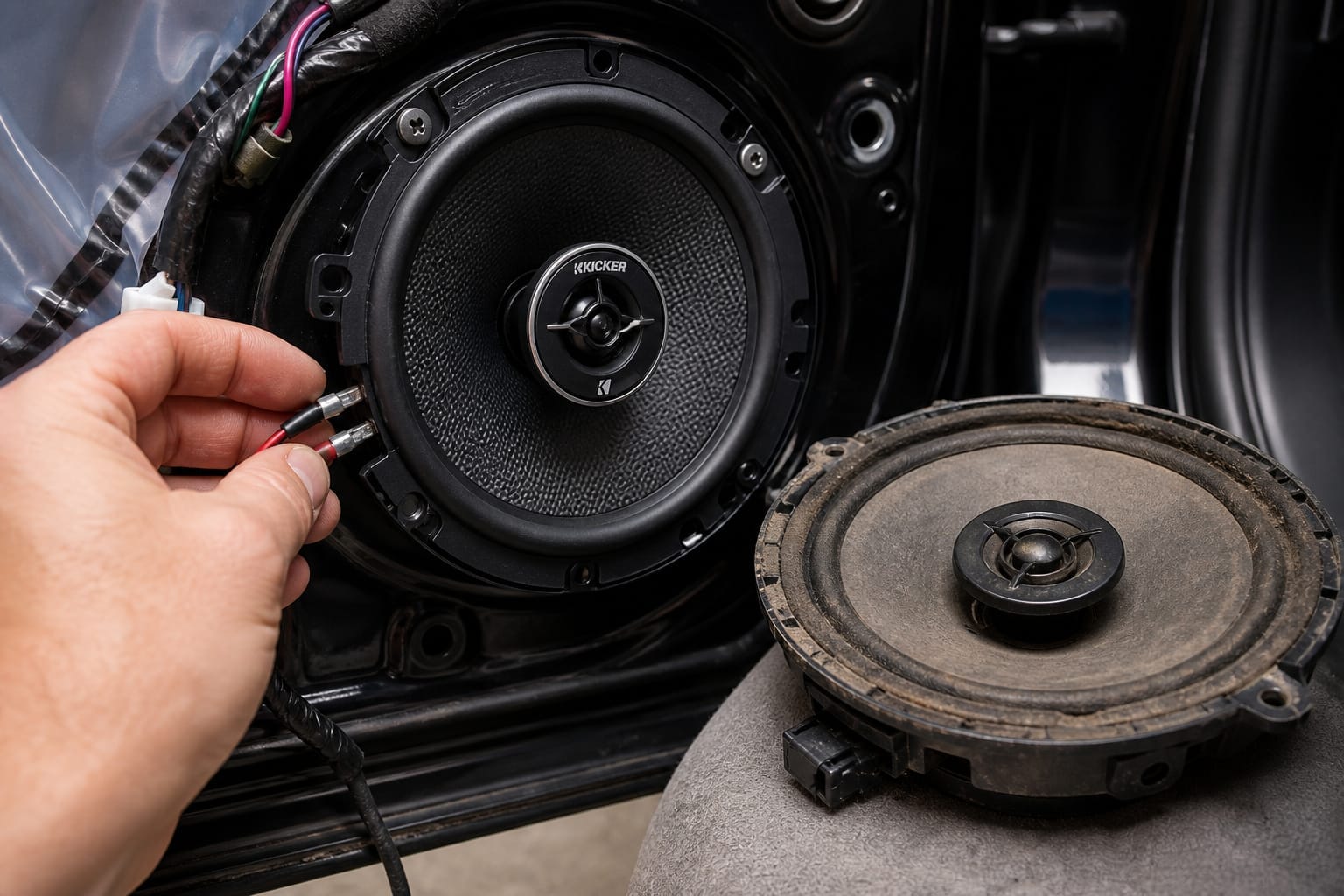 New aftermarket car speaker being installed in a door panel