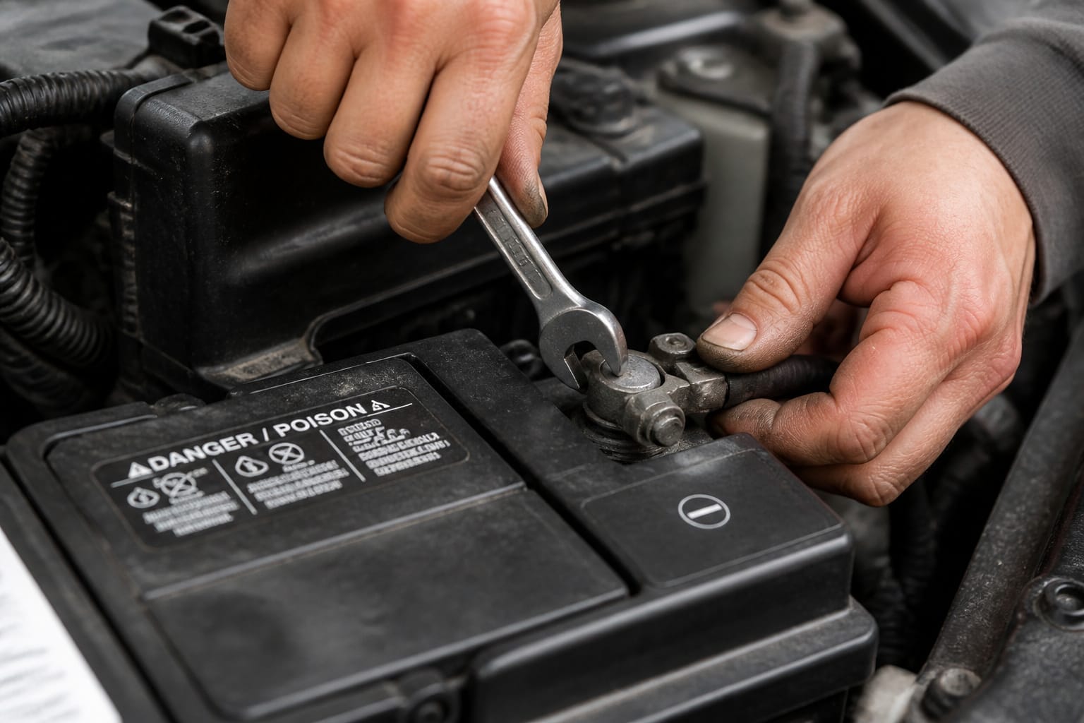 Hands disconnecting a car's negative battery terminal before a stereo installation