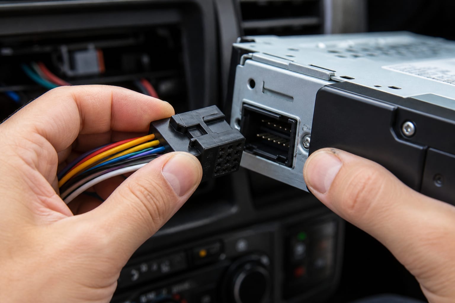 Hands carefully aligning a keyed wiring harness connector before installation
