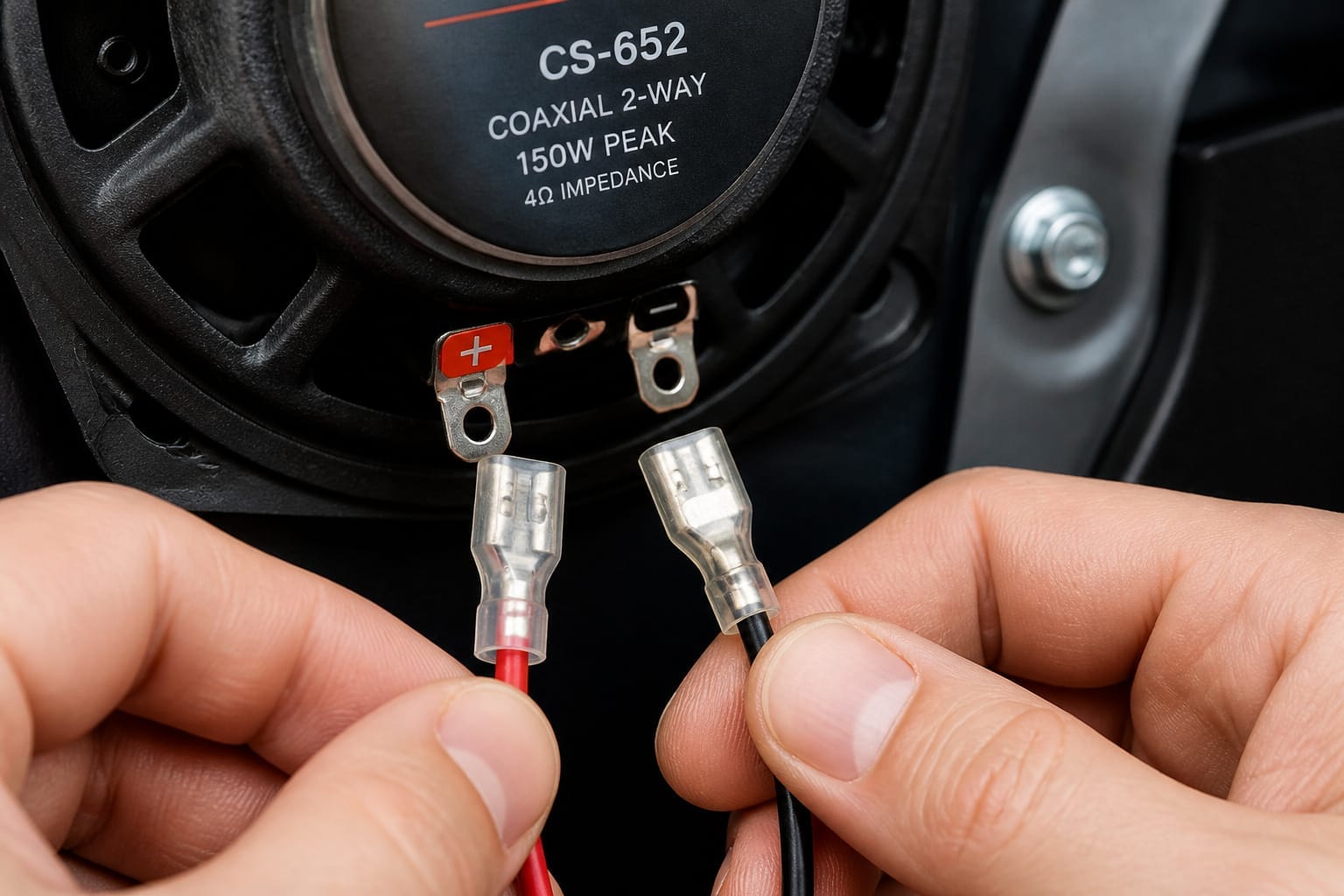 Car speaker wire terminals marked positive and negative before connection