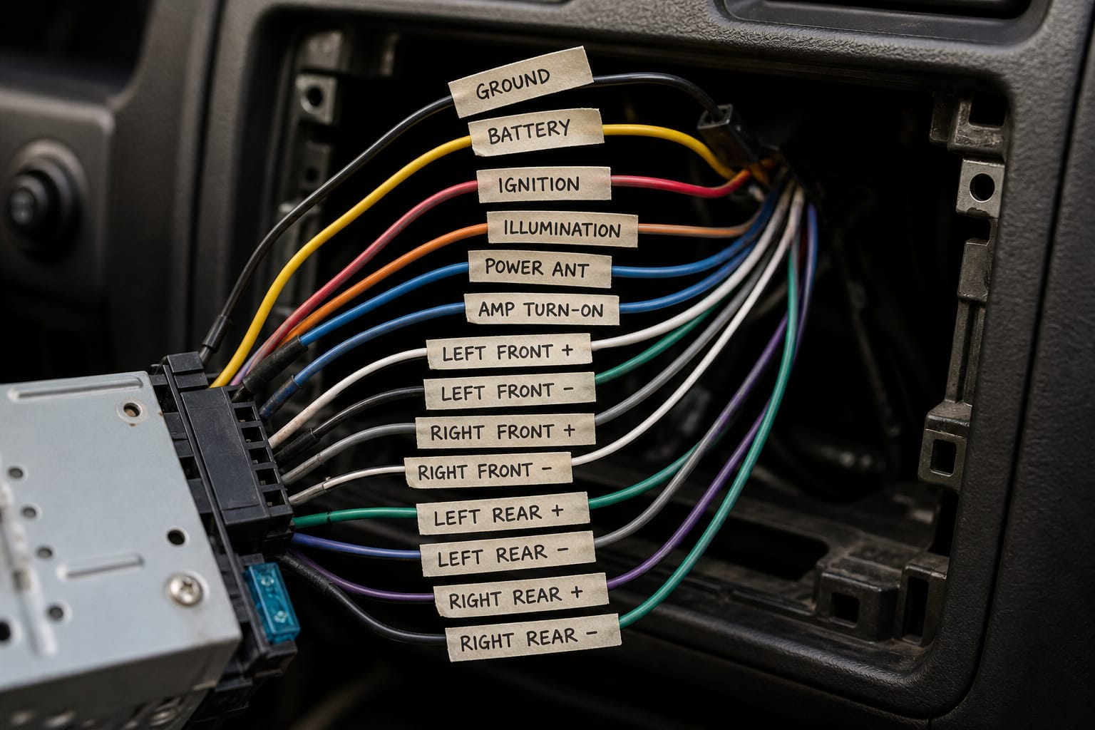 Car stereo wiring harness with wires individually labeled with masking tape