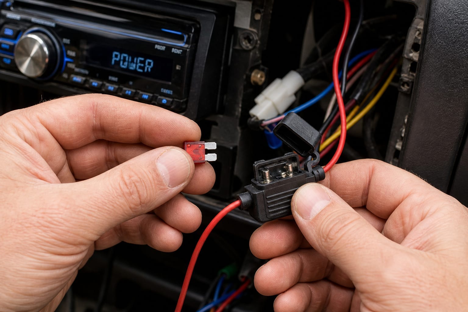 Checking a car stereo fuse after installation to diagnose no sound