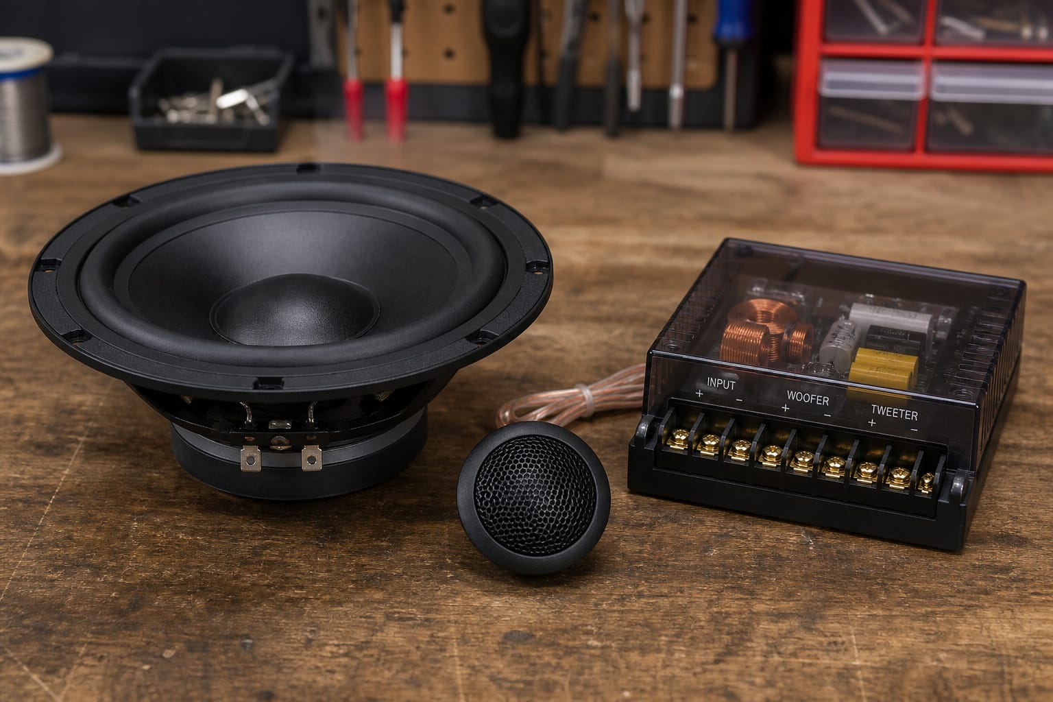 Component car speaker system with separate woofer, tweeter, and crossover
