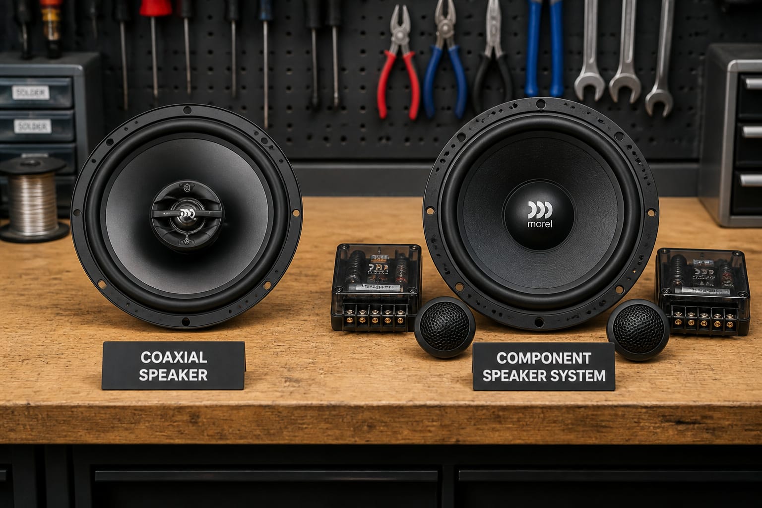 Coaxial and component car speakers displayed side by side for comparison