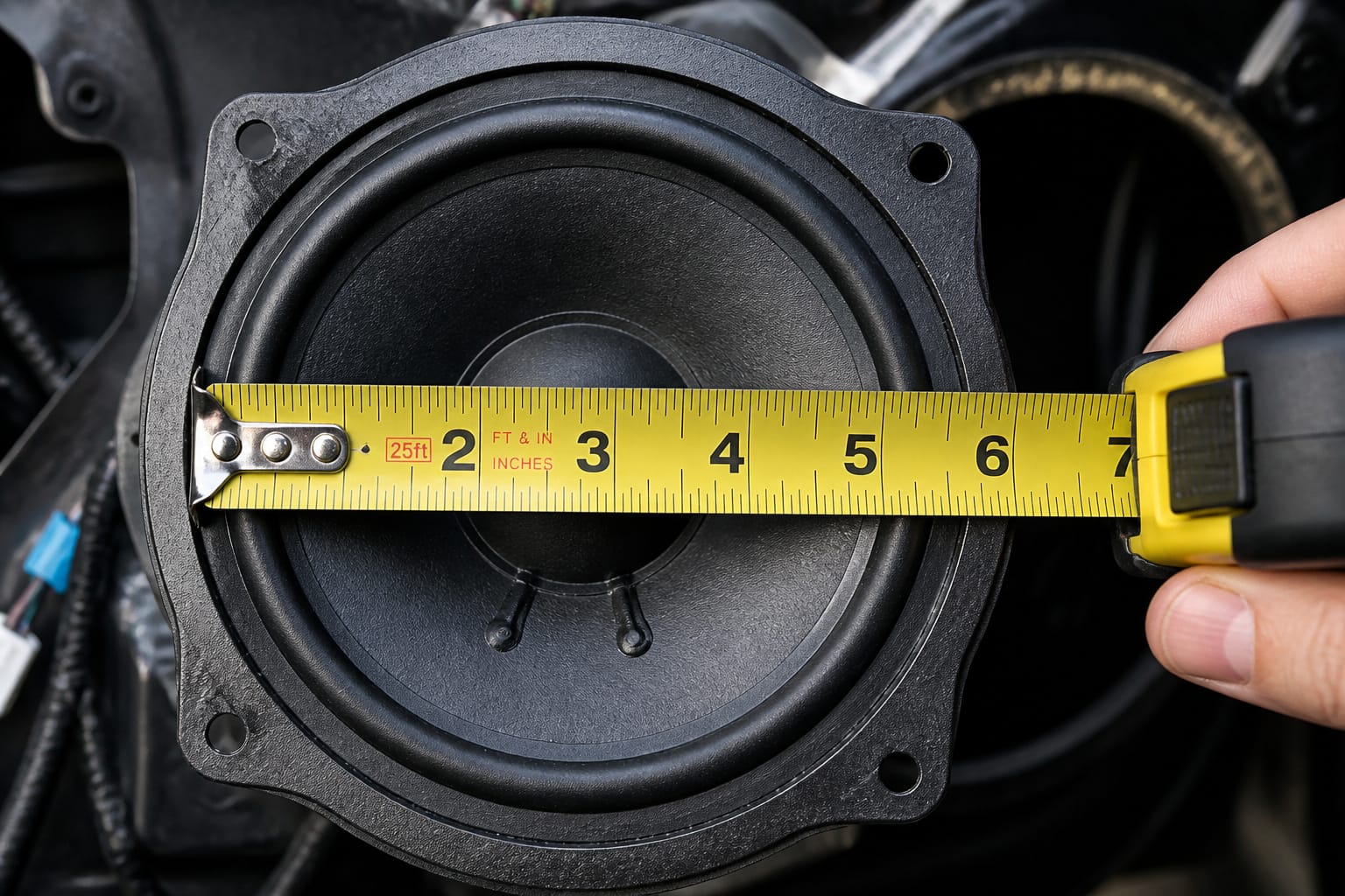Tape measure checking the mounting diameter of a removed car door speaker