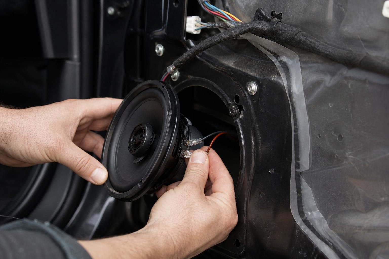 New car speaker being installed into a door panel with wires reconnected