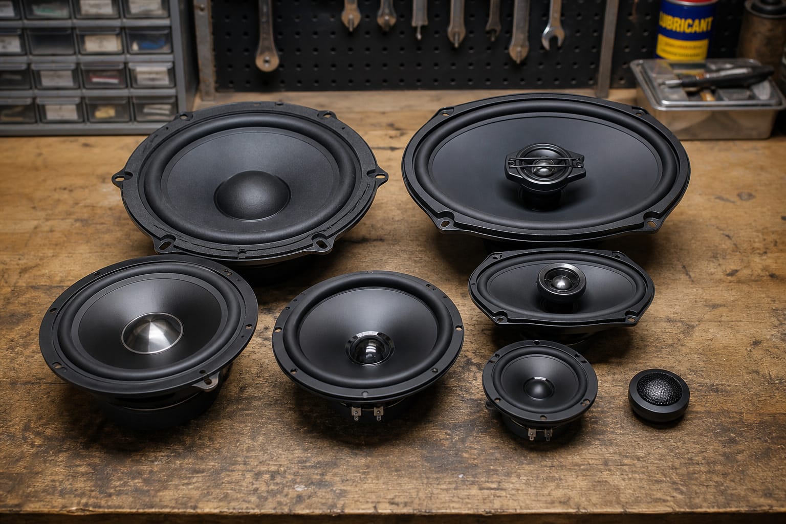Different sized car speakers arranged to compare common size options