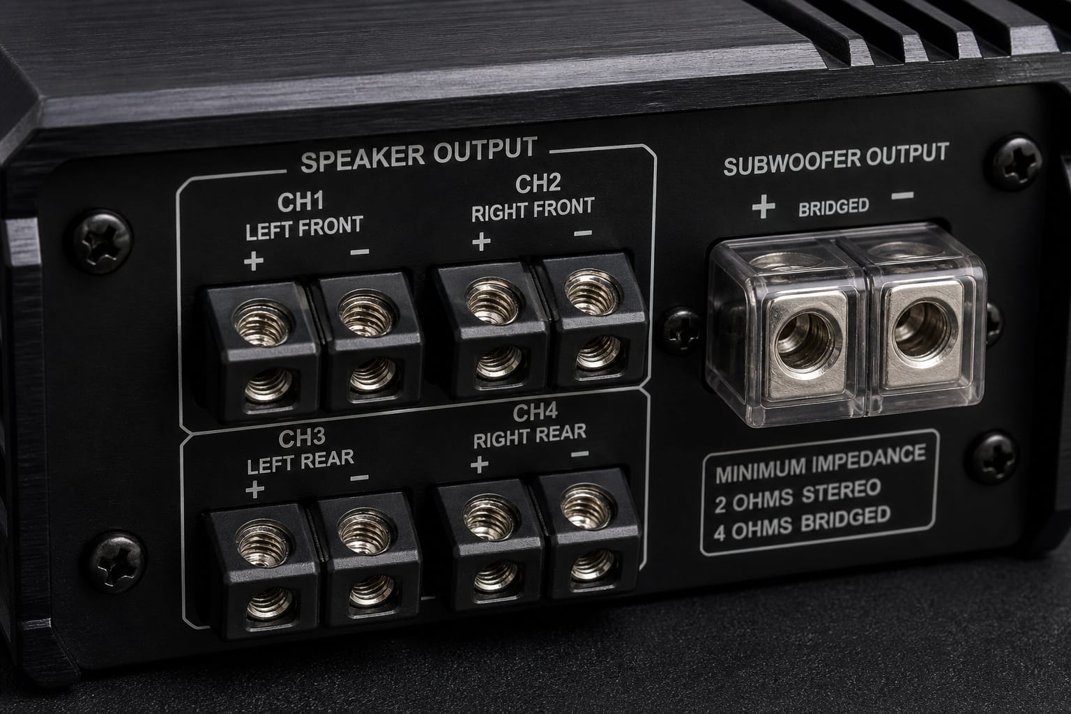 Multi-channel car amplifier with labeled speaker and subwoofer outputs