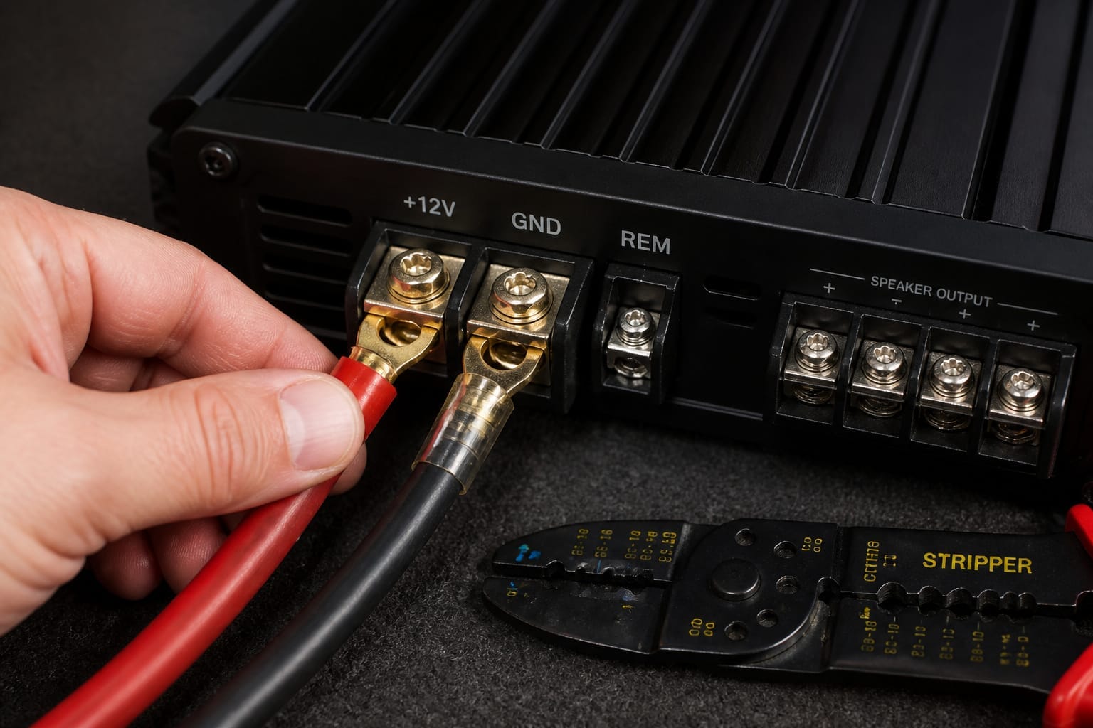 Amplifier power and ground wires being connected with proper gauge wire