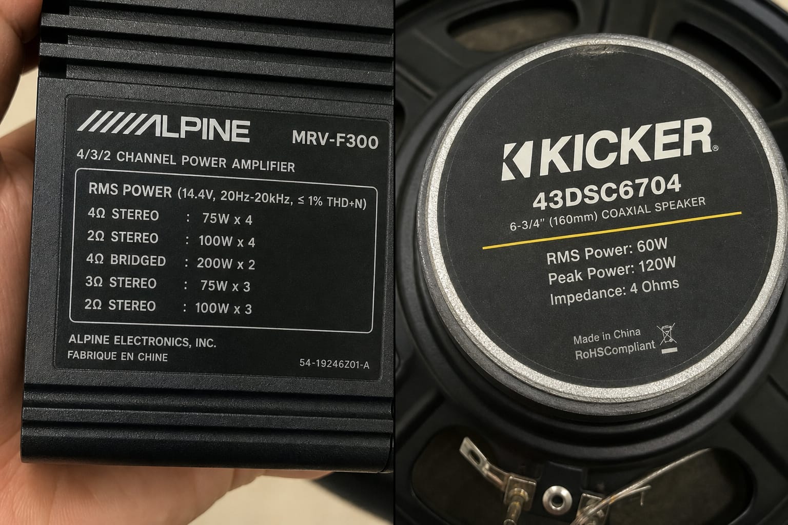 Amplifier and speaker specification labels showing RMS power ratings