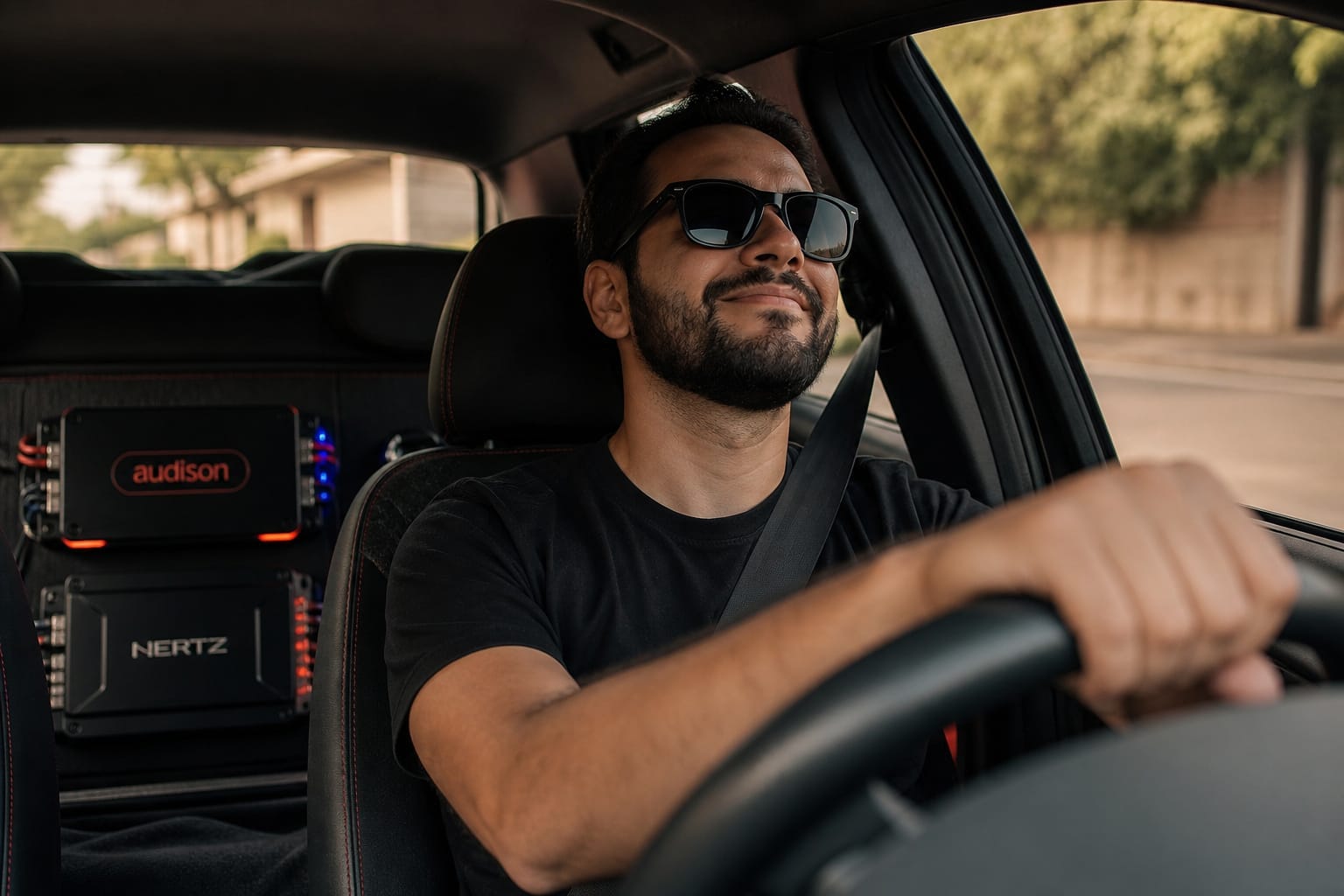 Driver listening to clear, powerful car audio after installing an amplifier