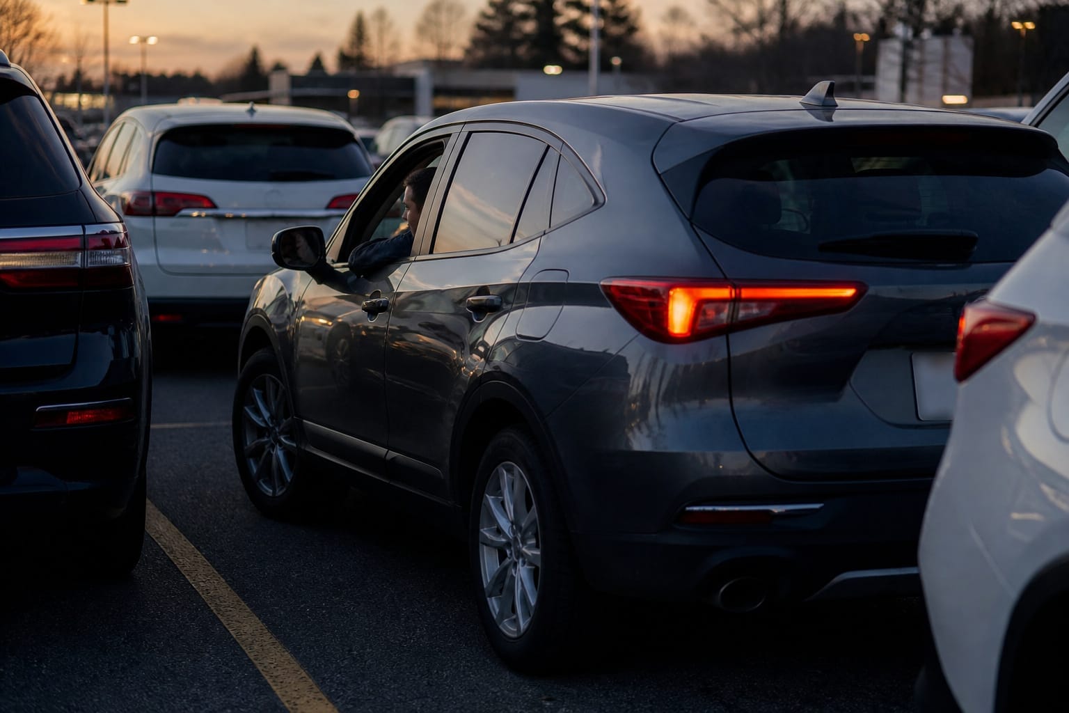 Driver calmly backing a car into a tight parking spot at dusk