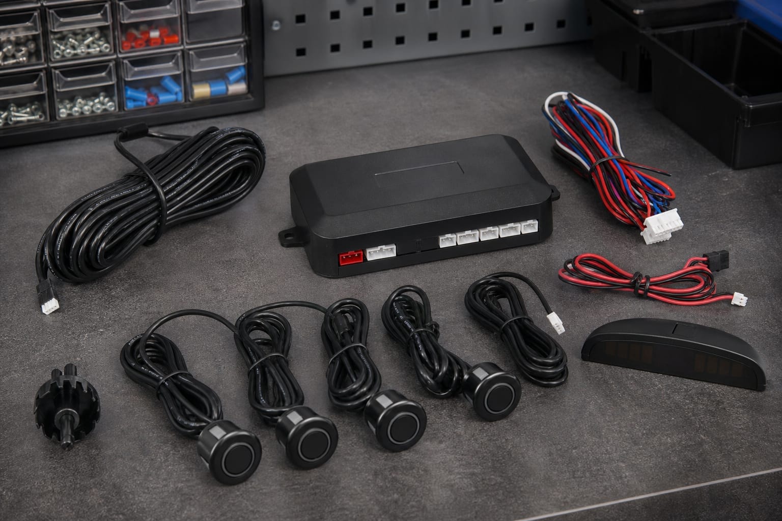 Parking sensor installation kit with sensors, control box, and wiring on a workbench