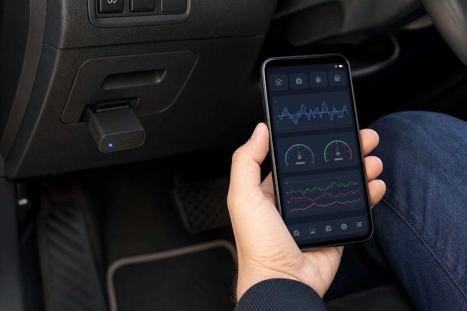 Smartphone showing a car diagnostics app connected to a Bluetooth OBD2 adapter