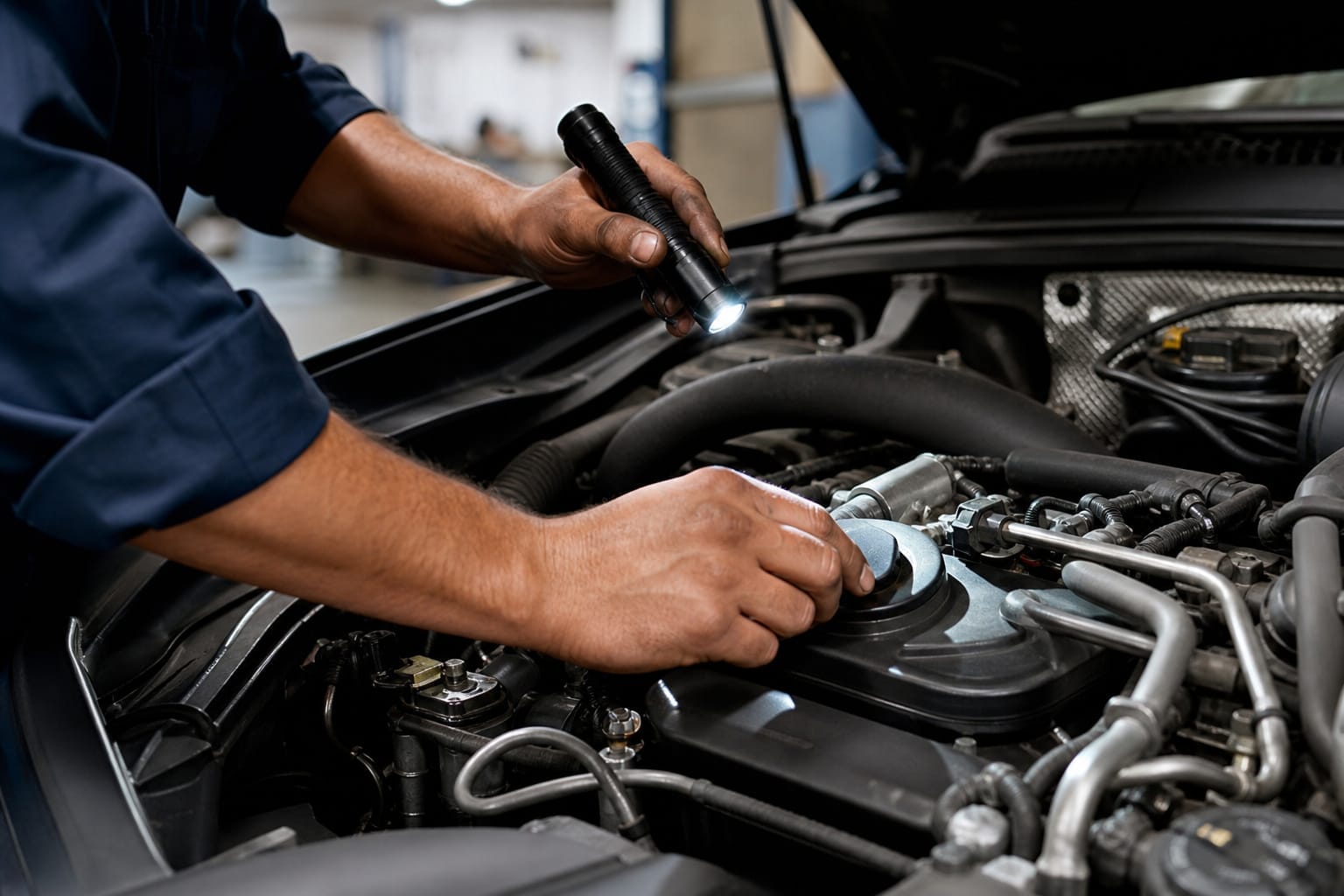 Mechanic's hands inspecting an engine bay with a flashlight