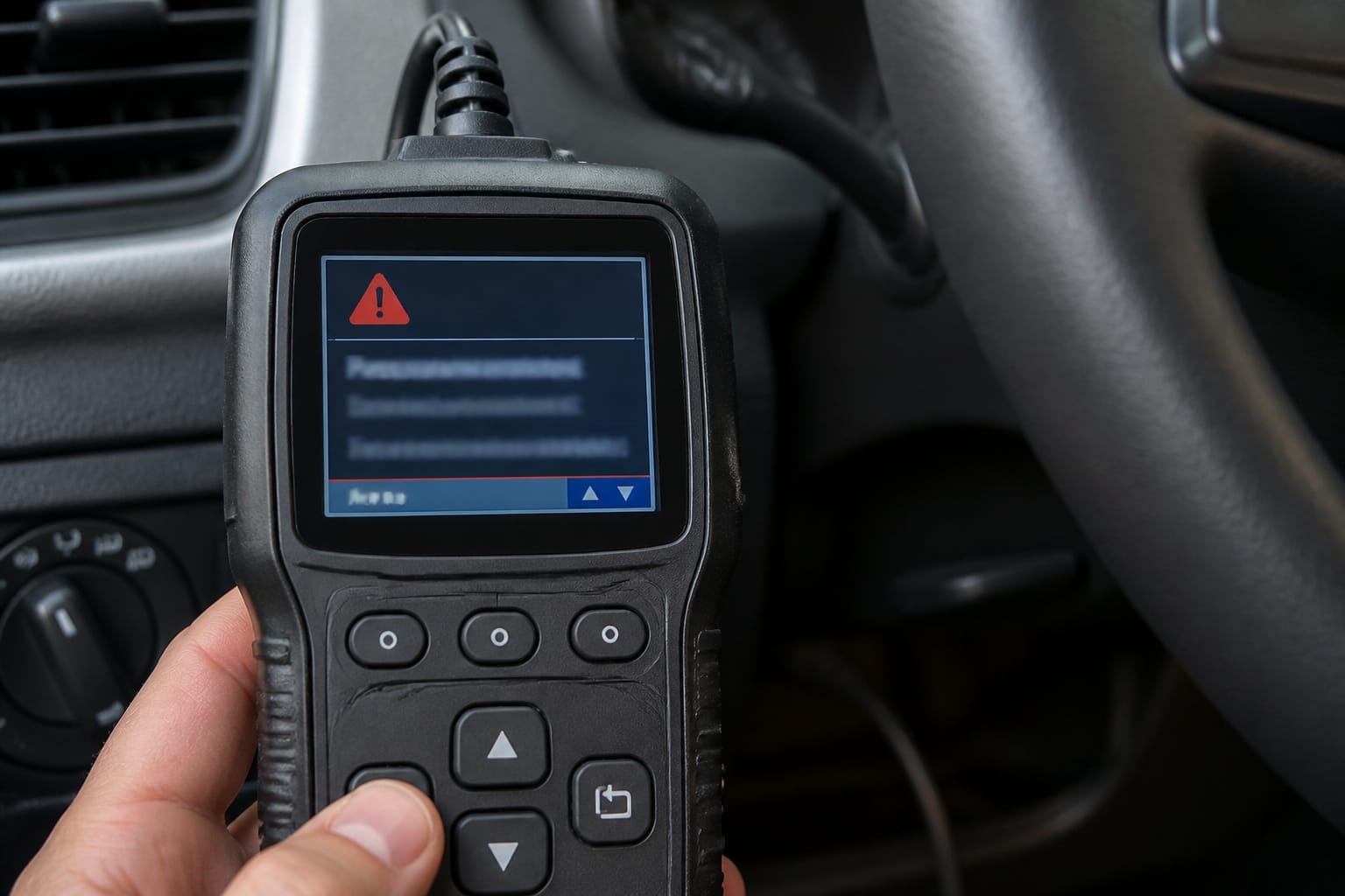 OBD2 scanner display showing a diagnostic trouble code near a steering column