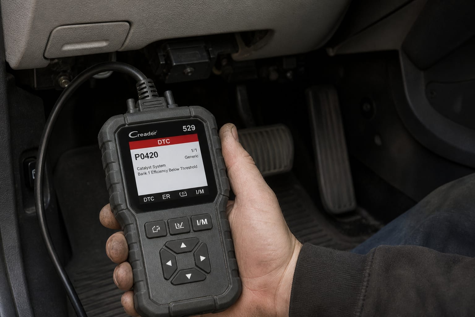 Hand holding a handheld OBD2 scanner displaying a trouble code, plugged into a car