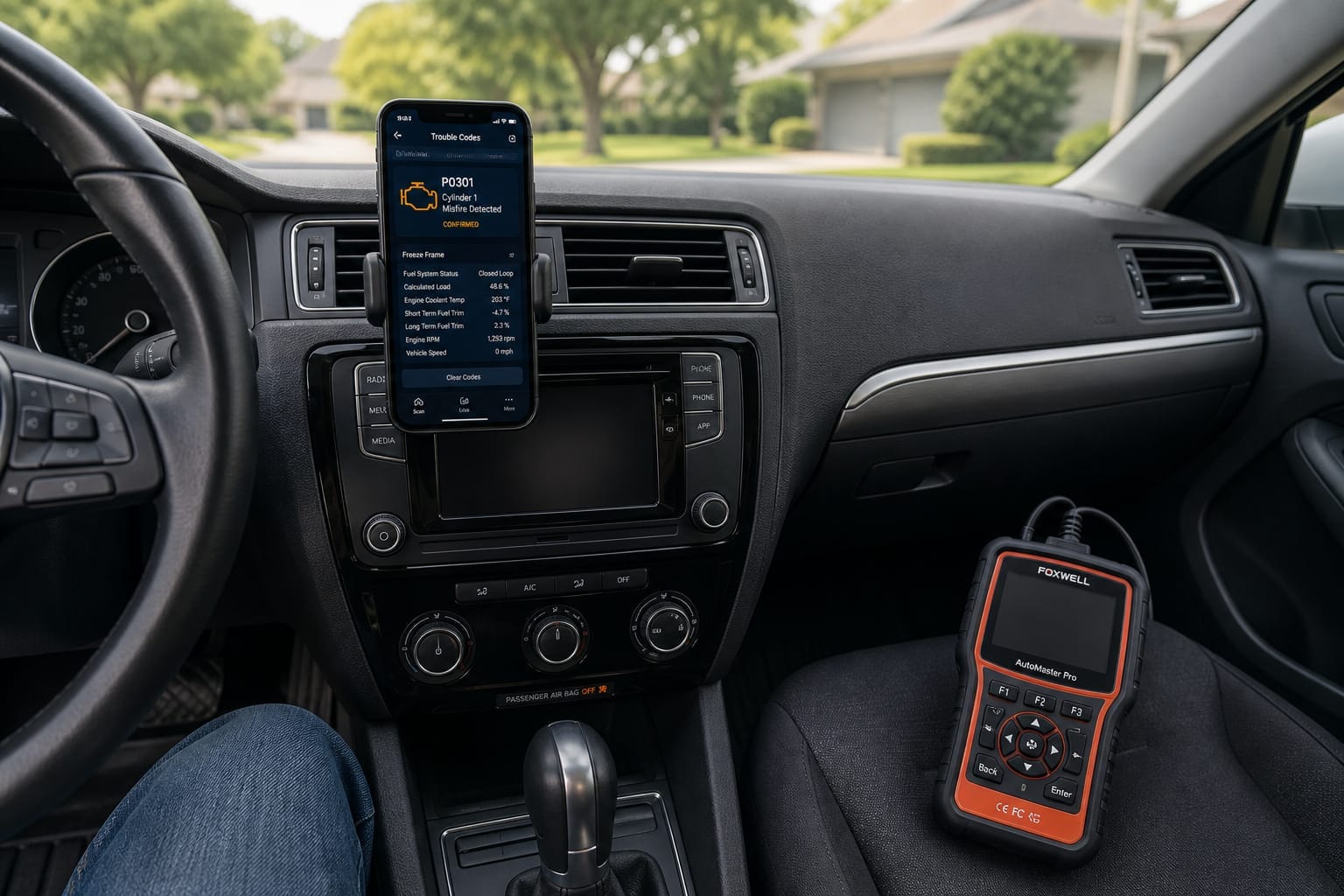 Driver's view comparing a phone-based diagnostics app and a handheld OBD2 scanner in a car