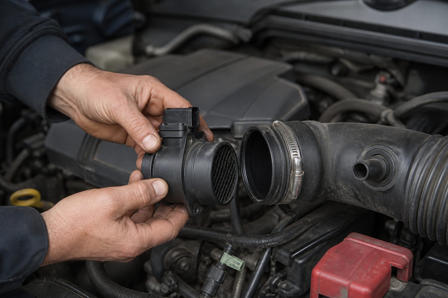 Mechanic removing a mass airflow sensor from a car's intake tube