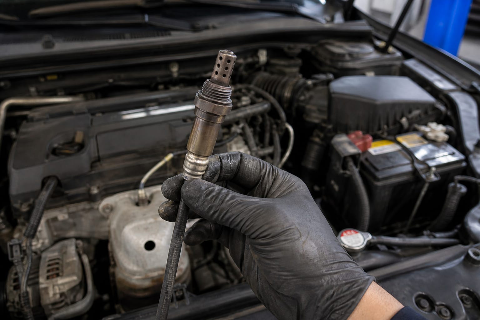 Mechanic holding a car's oxygen sensor next to the exhaust system