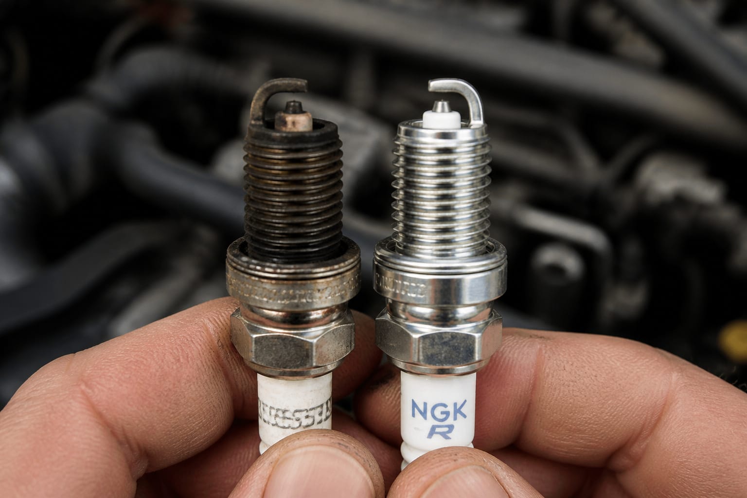 Worn spark plug compared next to a new spark plug