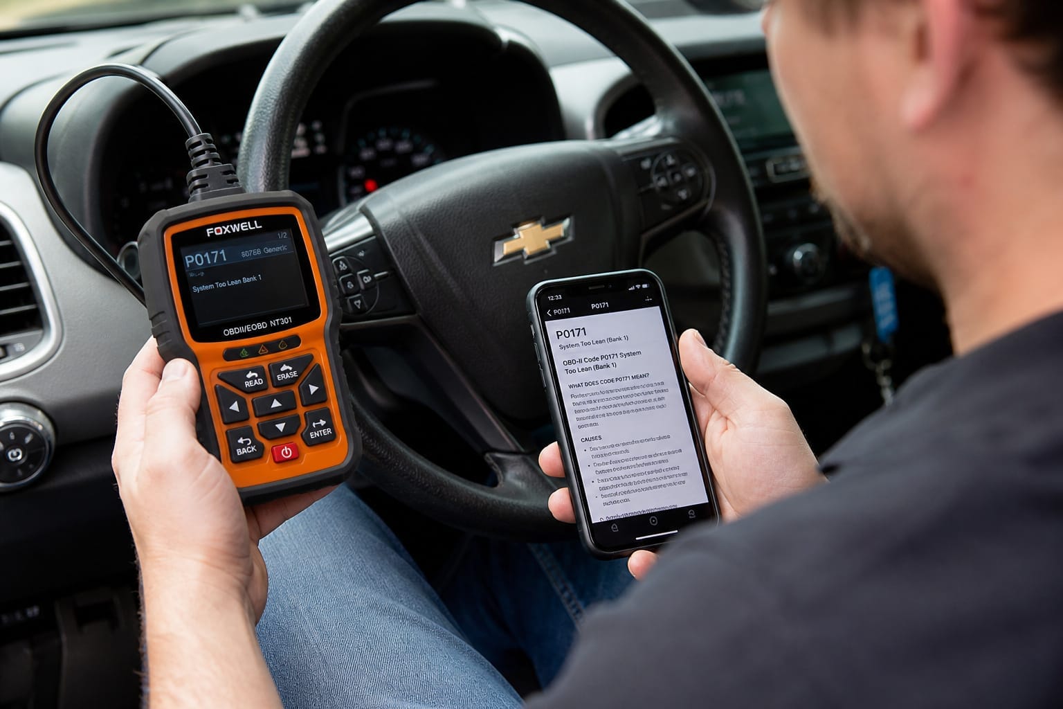 Person looking up what an OBD2 trouble code means using a phone reference