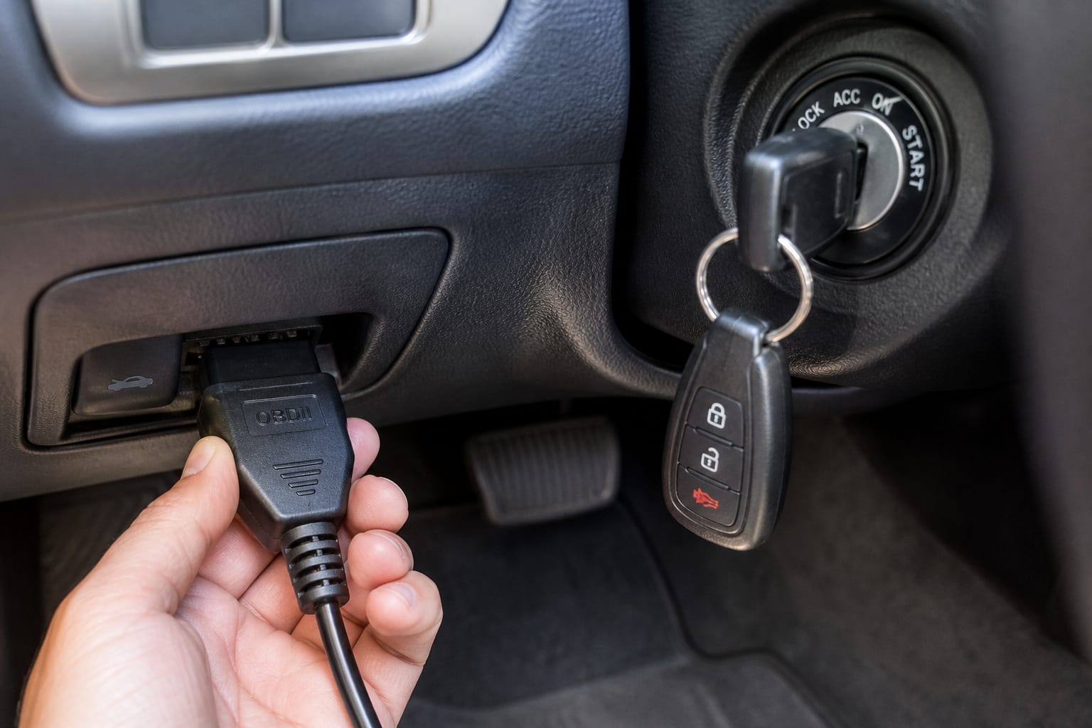 OBD2 scanner plugged into a car's diagnostic port with the ignition on