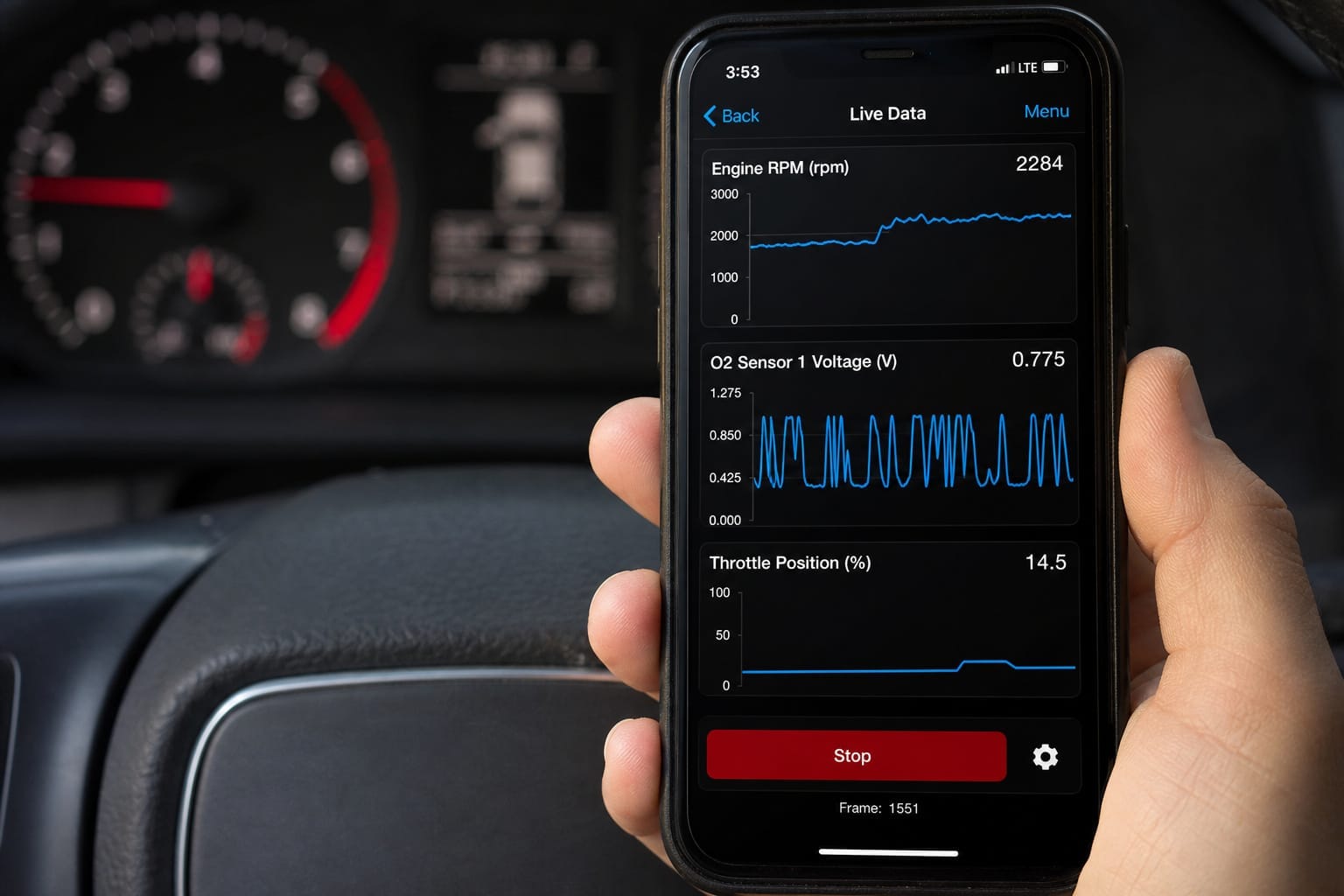 OBD2 scanner or app displaying live engine data graphs