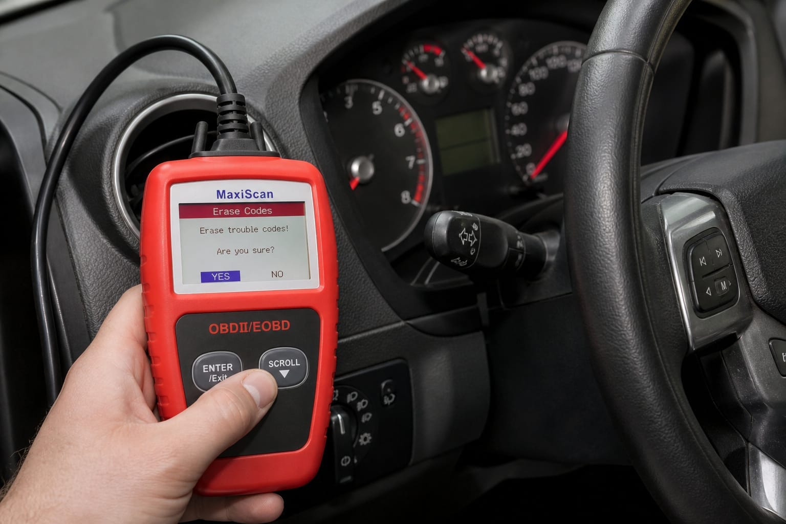 Hand pressing the clear button on an OBD2 scanner inside a car
