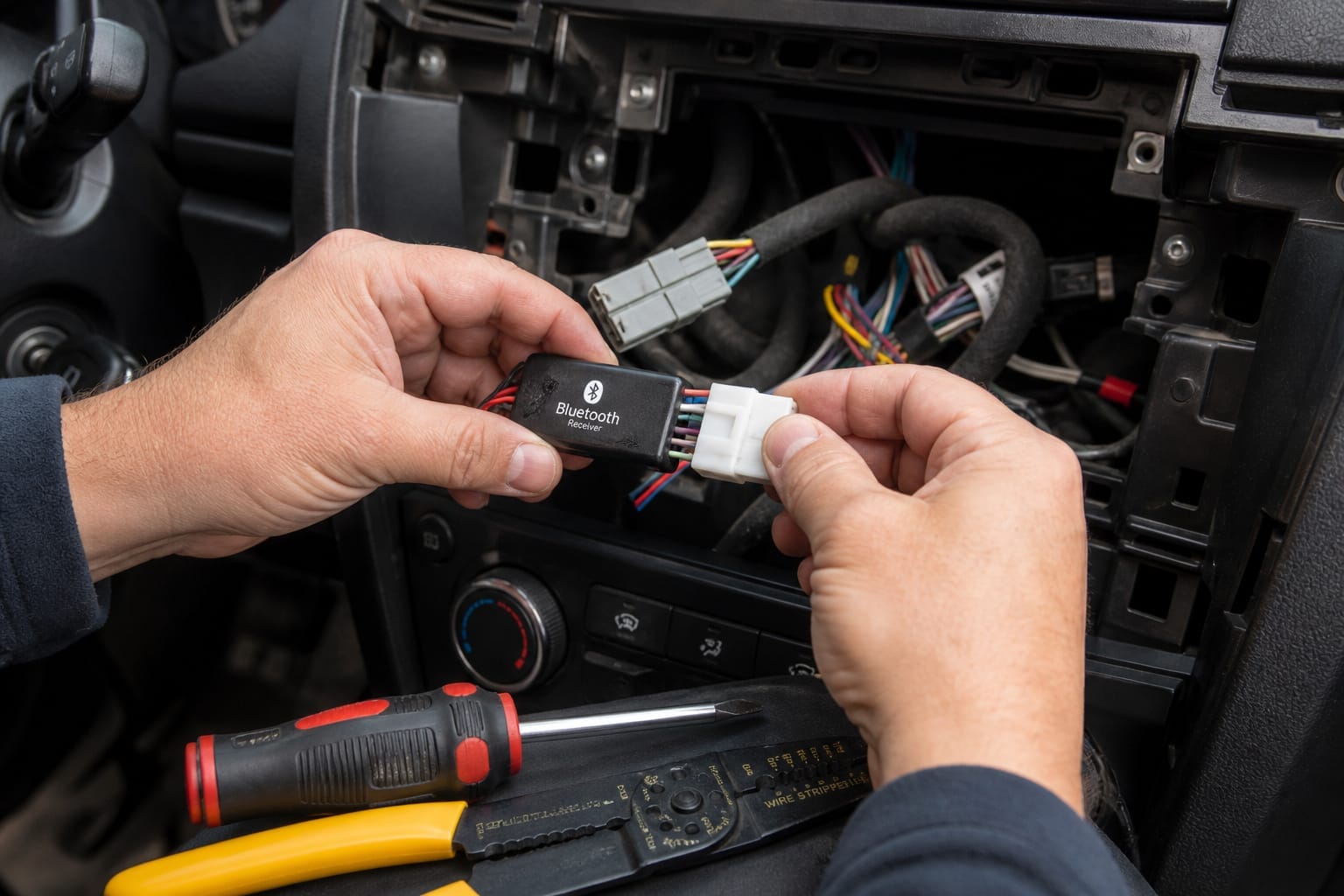 Hands wiring a hardwired Bluetooth receiver into a car stereo's wiring harness