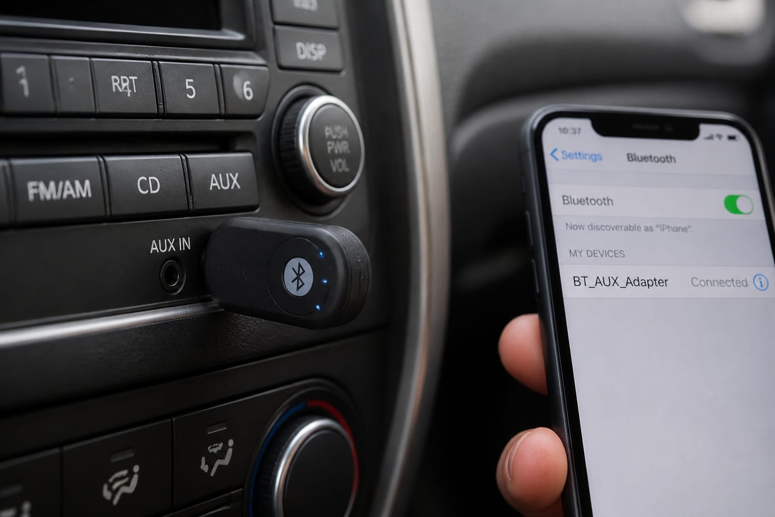 Small Bluetooth aux adapter plugged into a car's auxiliary input jack