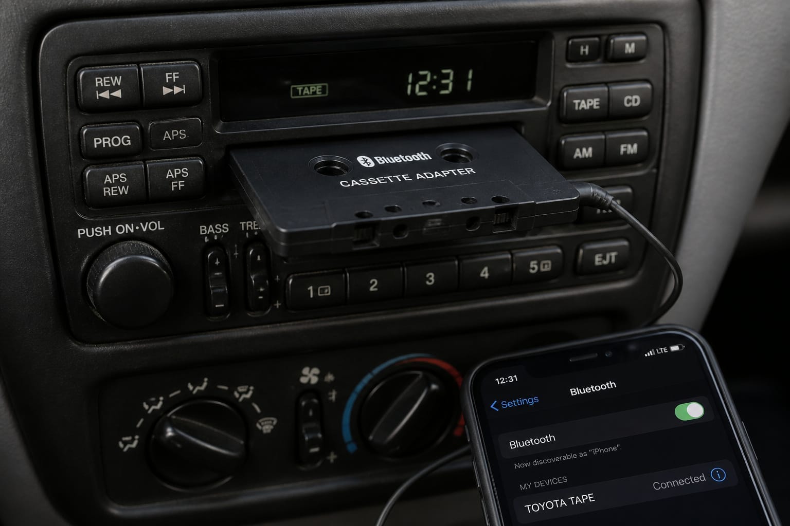 Bluetooth cassette adapter inserted into a car's tape deck