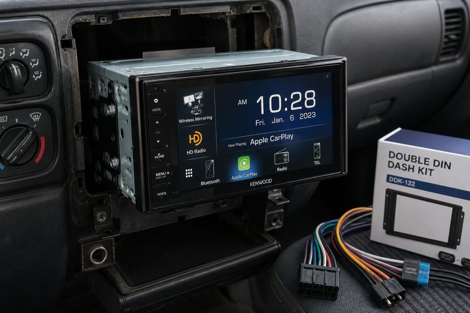 New double-DIN touchscreen stereo being installed into an older car's dashboard