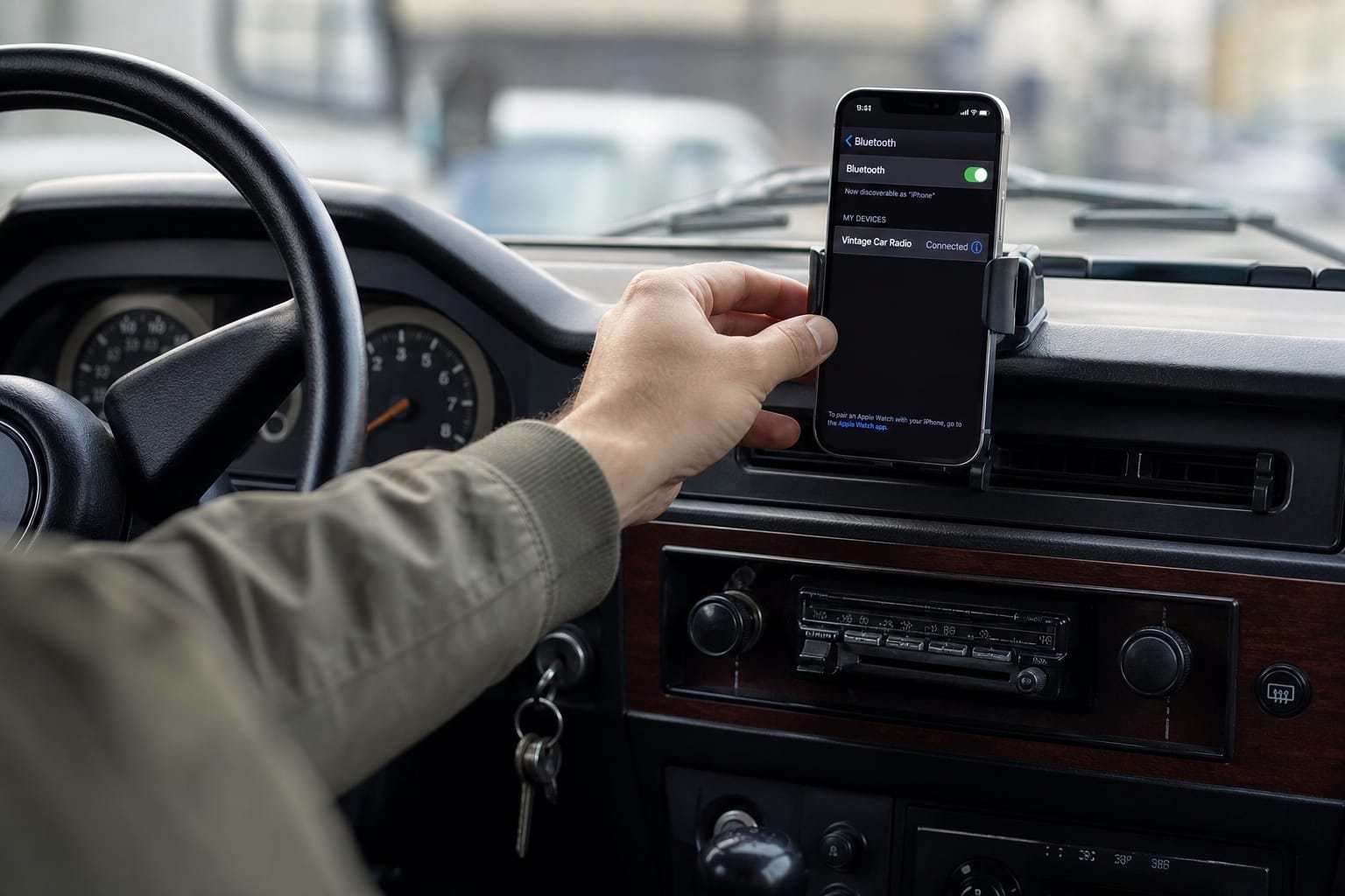 Driver browsing music on a Bluetooth-connected phone mounted in an older car's dashboard