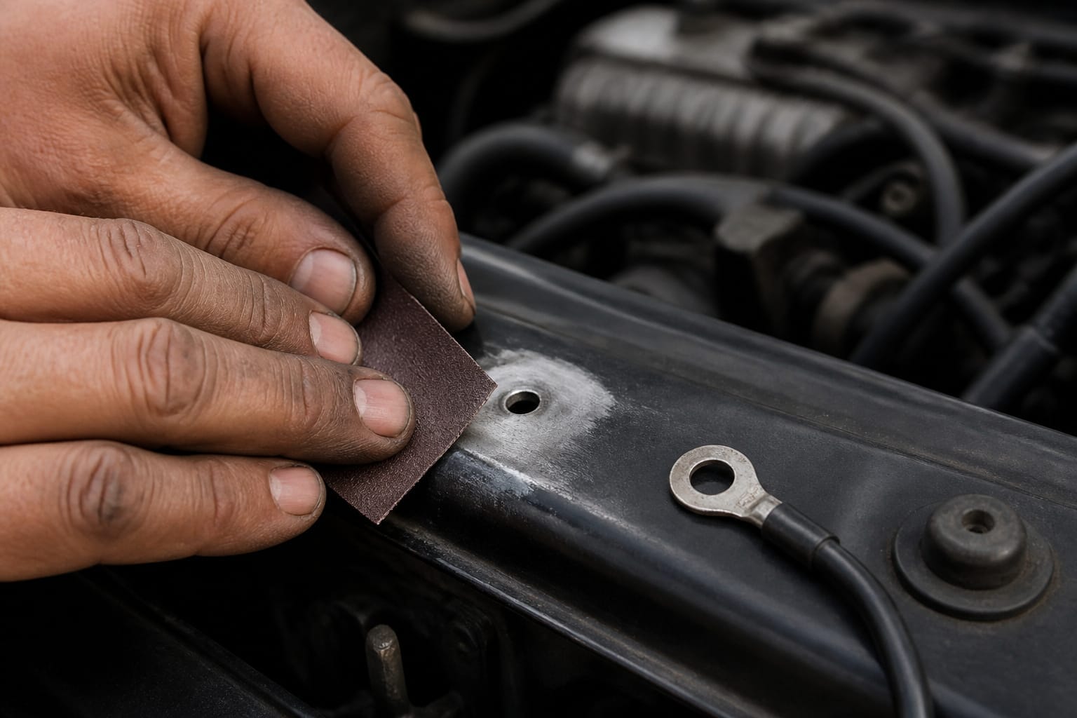 Hands sanding a car chassis ground point before reattaching a black ground wire