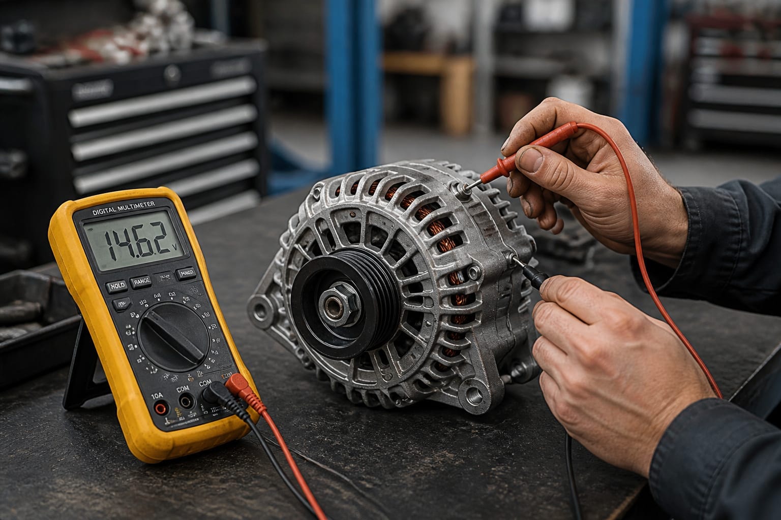 Mechanic testing a car alternator with a multimeter at an auto parts counter