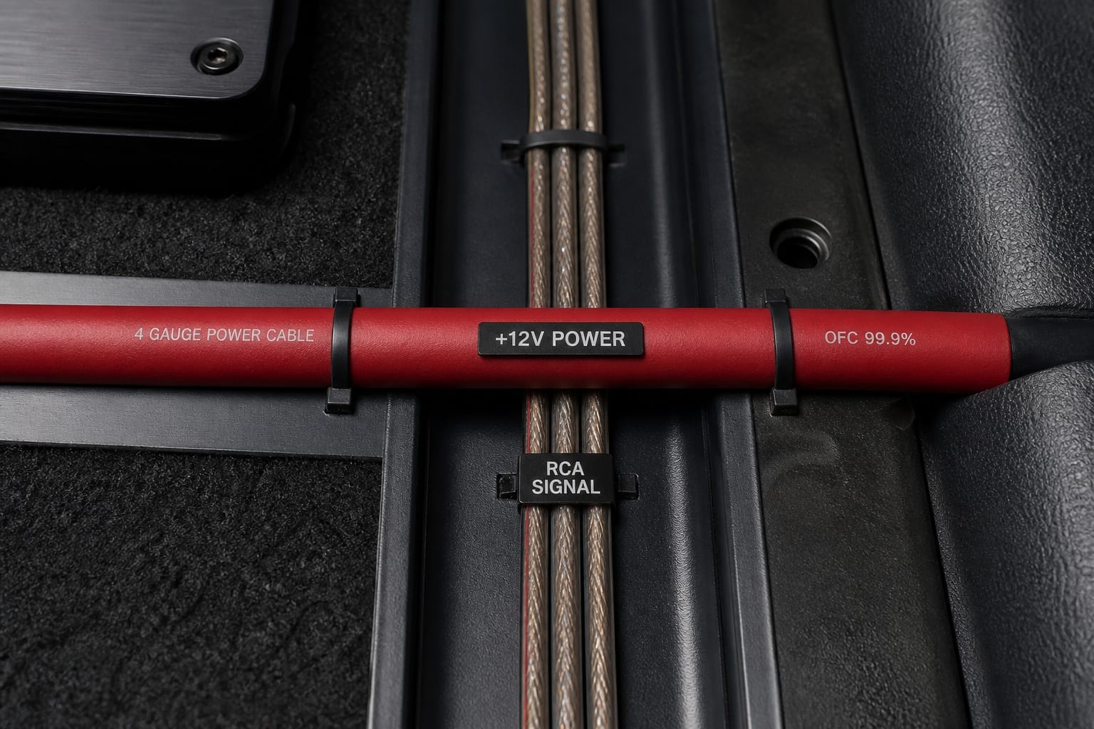 Amplifier power cable and RCA cables crossing at a right angle in a car's wiring harness
