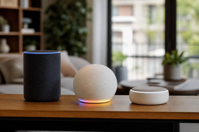Three different smart home hub speakers on a shelf, representing a choice between smart home ecosystems