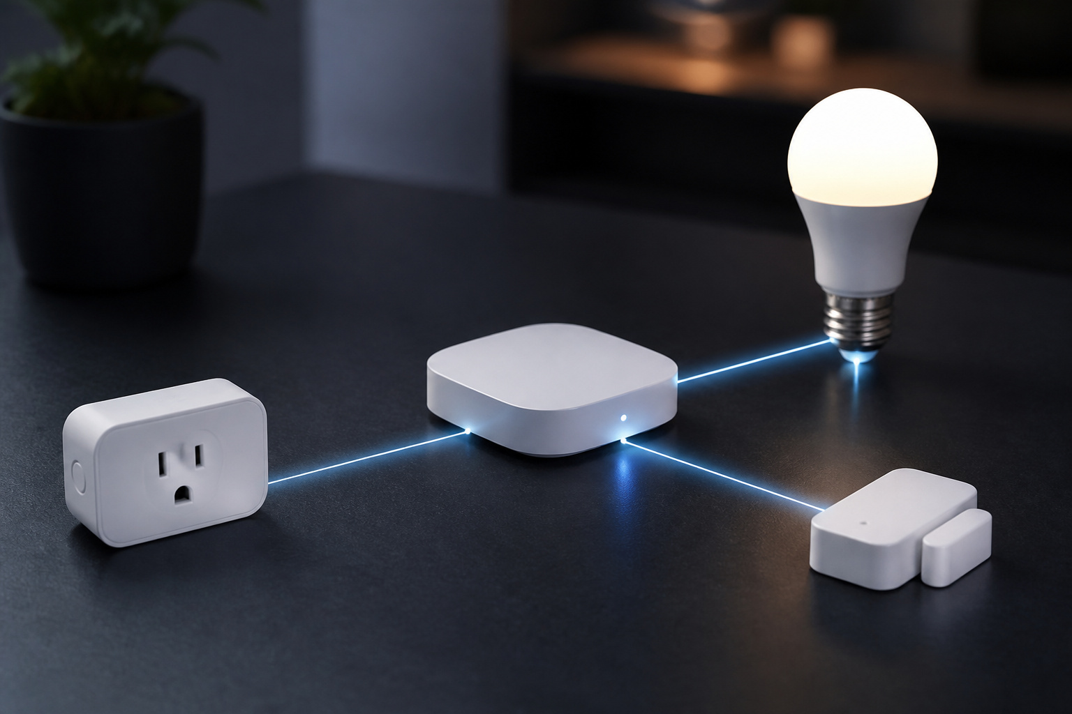Smart home devices linked by glowing connection lines, representing the Matter smart home standard