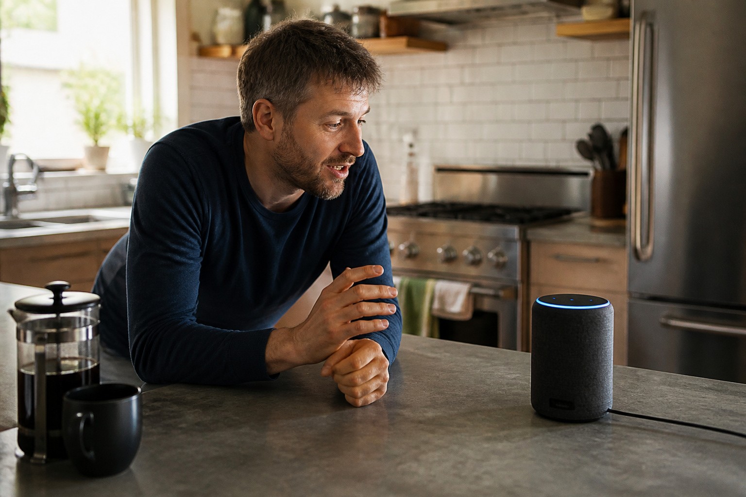 Person talking to a voice assistant speaker in the kitchen