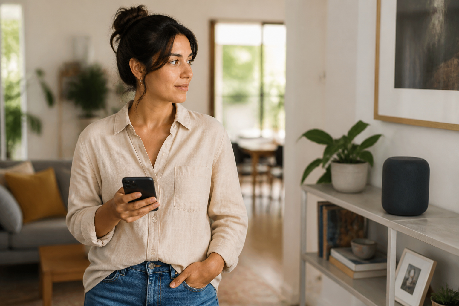 Person considering their smart home ecosystem choice at home