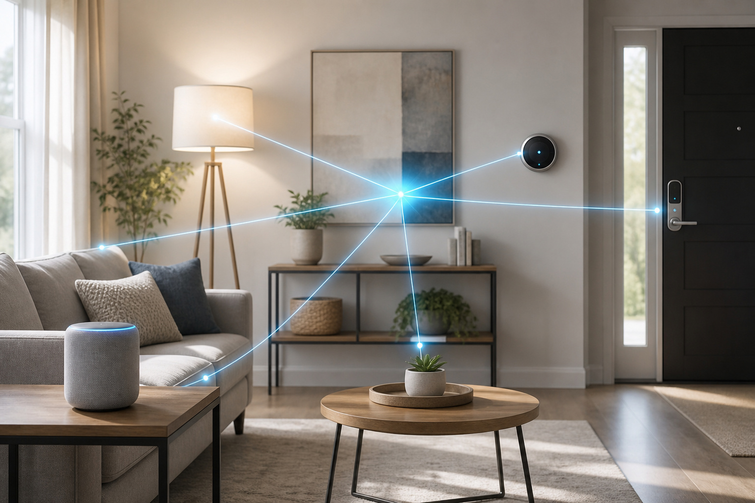A modern living room with connected smart home devices working together as one unified system
