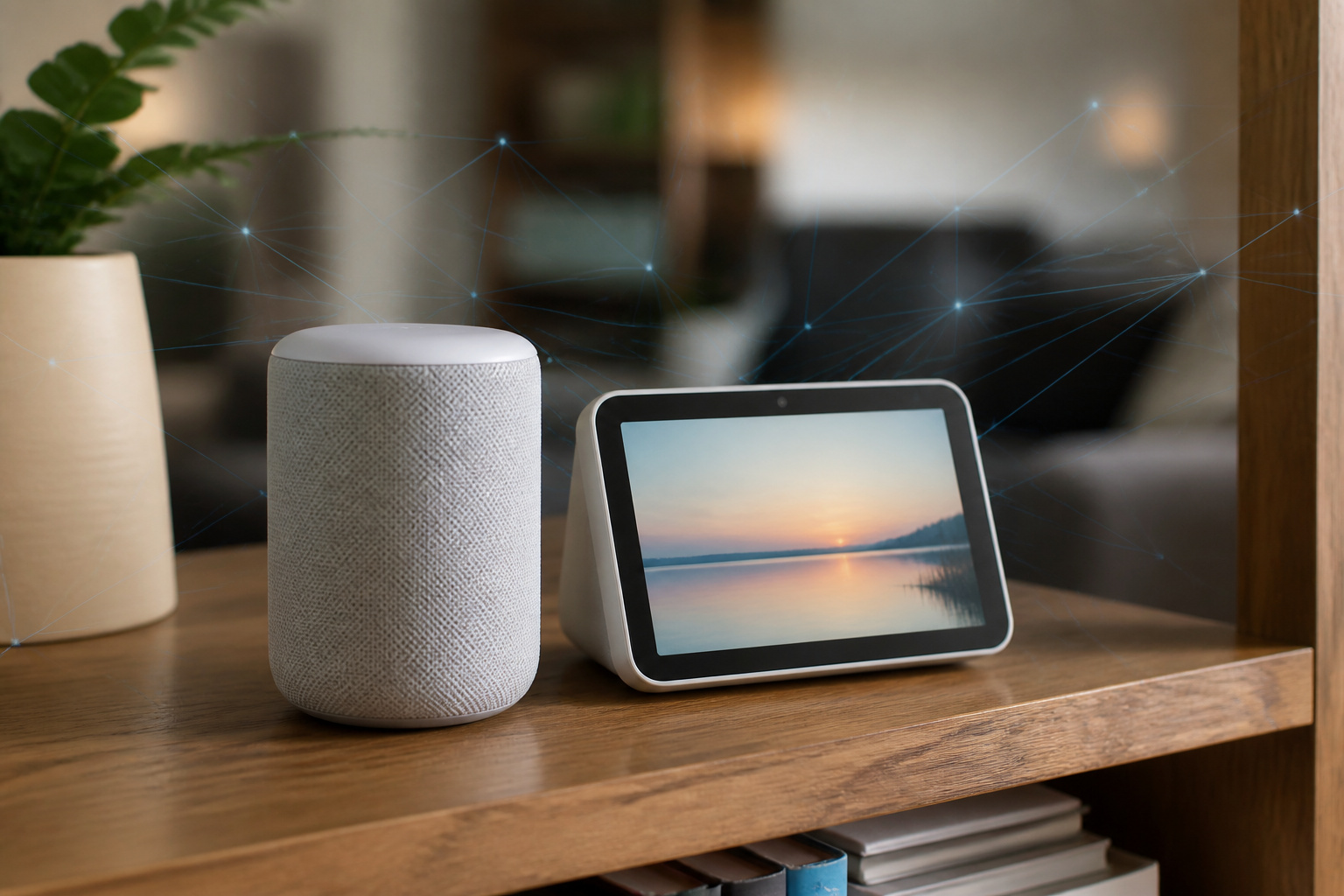 A smart speaker and smart display sitting on a shelf, functioning as Thread border routers for a Matter smart home network