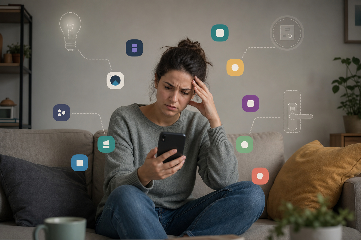 A frustrated person surrounded by multiple smartphone apps trying to control different disconnected smart home devices