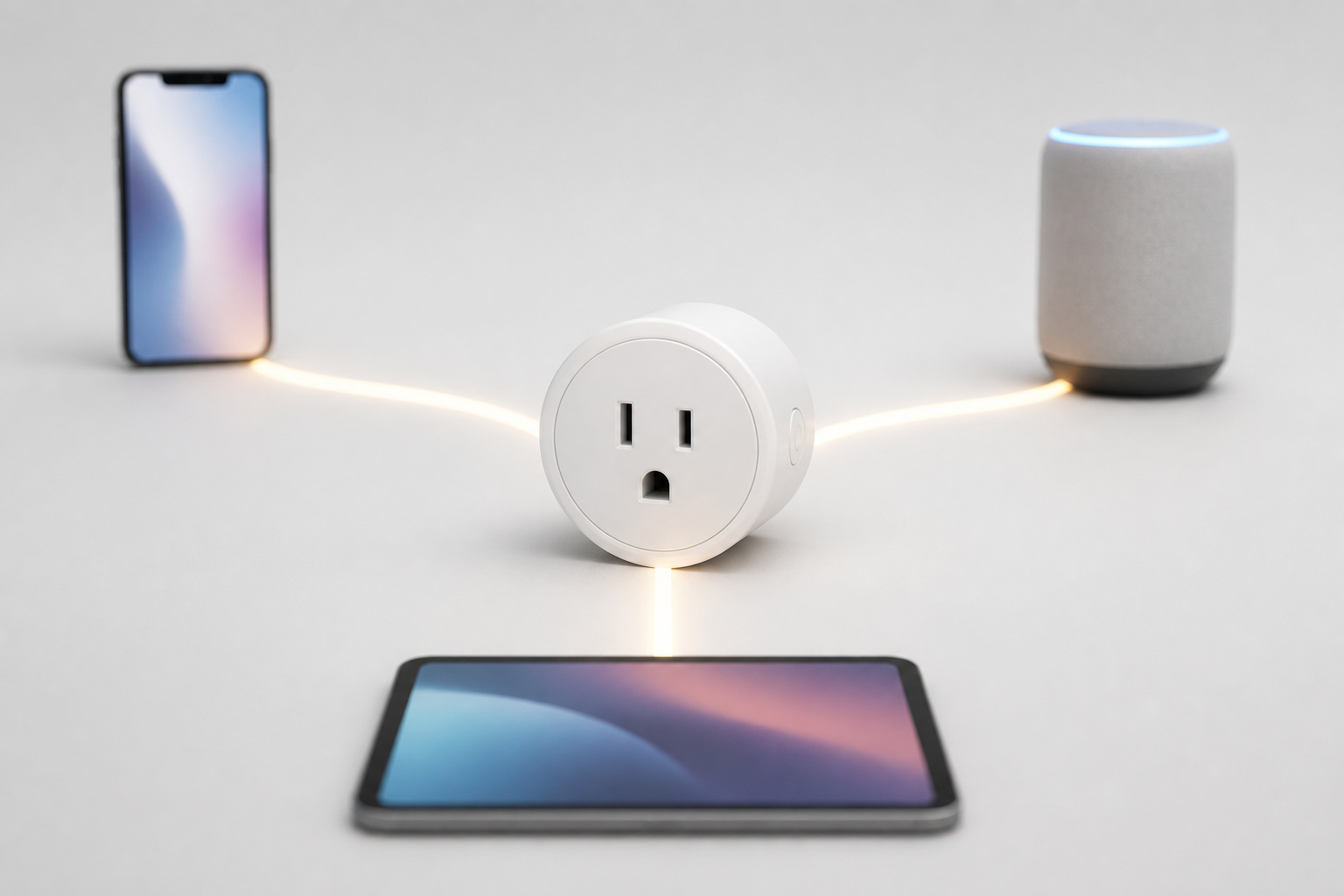 A single smart plug device shown at the center of three converging paths representing different smart home ecosystems