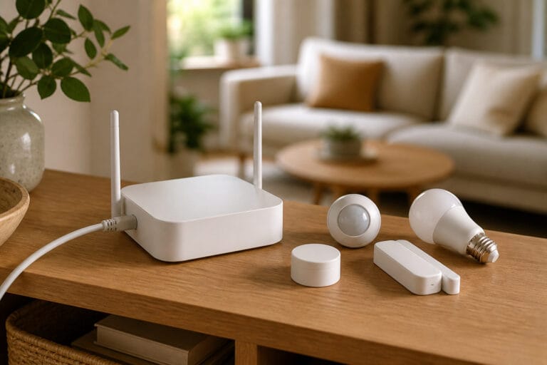 Compact white smart home hub with antennas on a shelf beside small smart home sensors