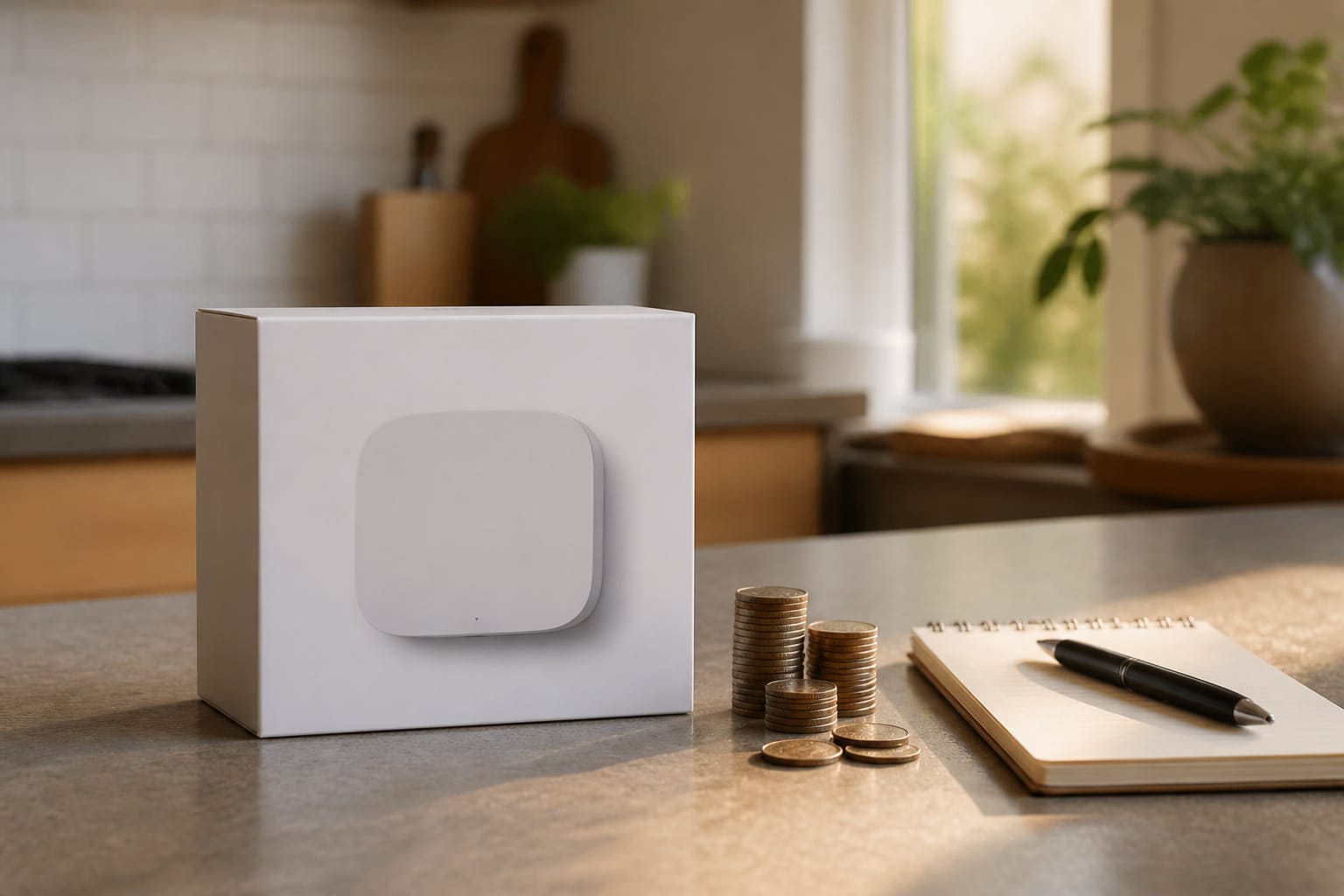 Smart home hub box beside coins and a notepad on a kitchen counter
