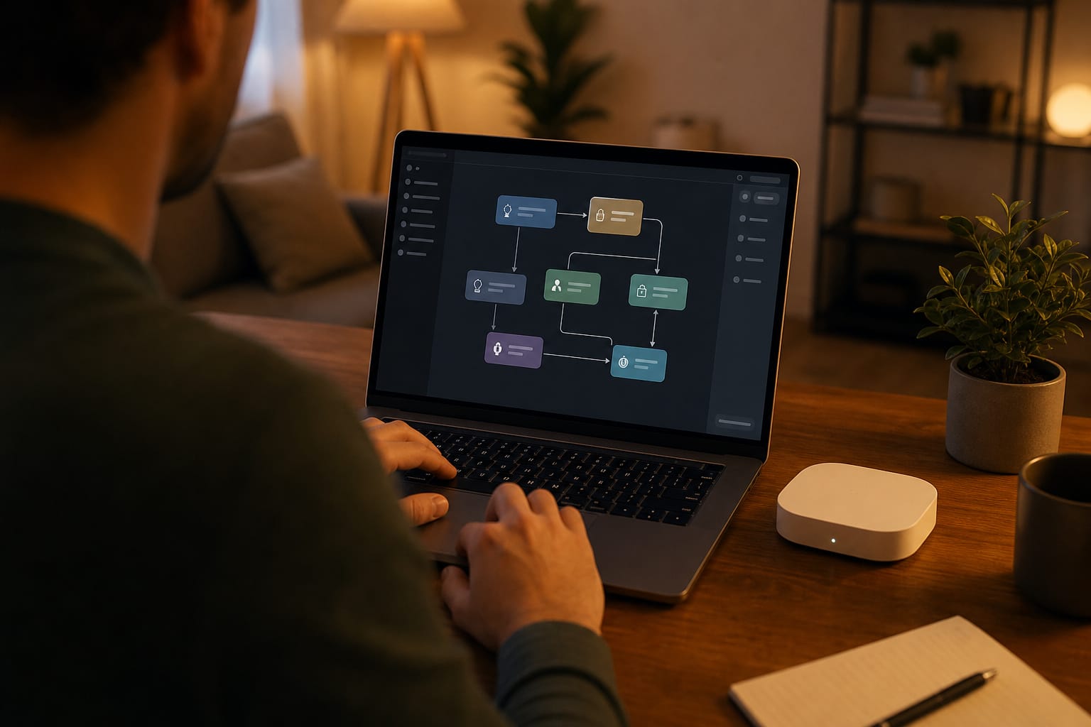 Person building smart home automation rules on a laptop with a hub beside it