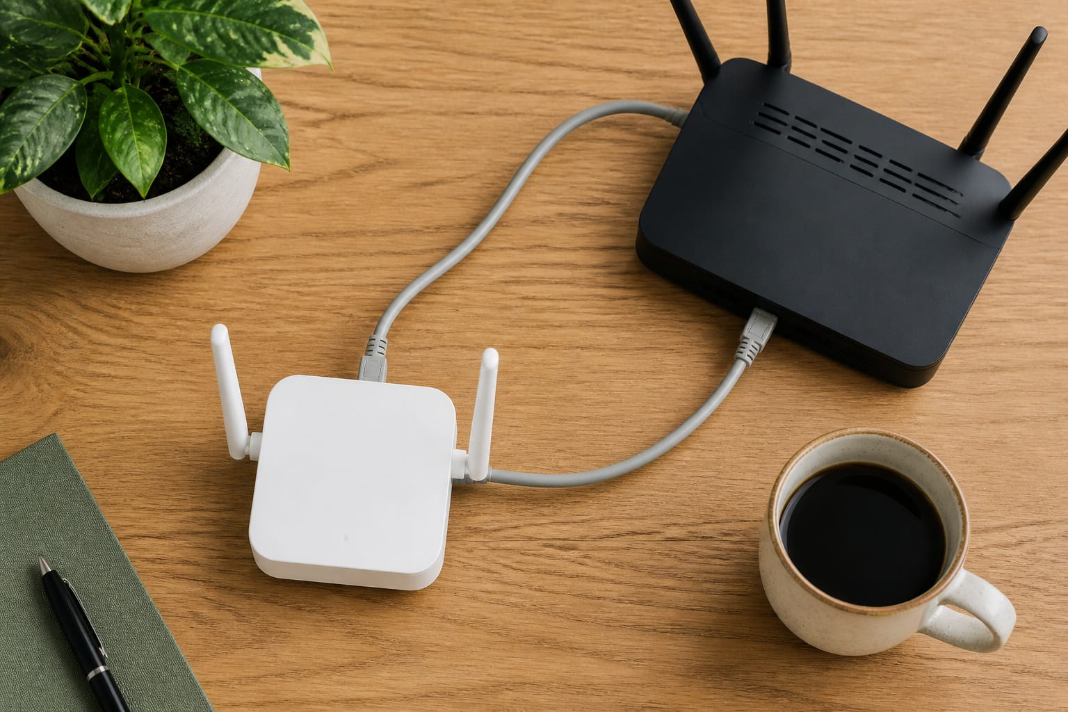 Smart home hub connected by Ethernet cable to a home router on a wooden desk