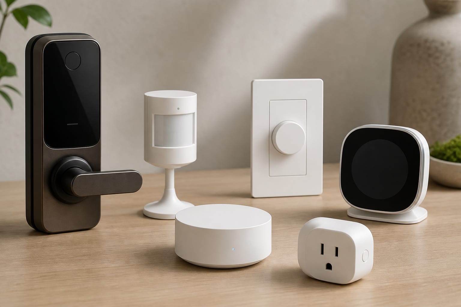 Assortment of smart locks, sensors, dimmers, and plugs arranged around a small hub